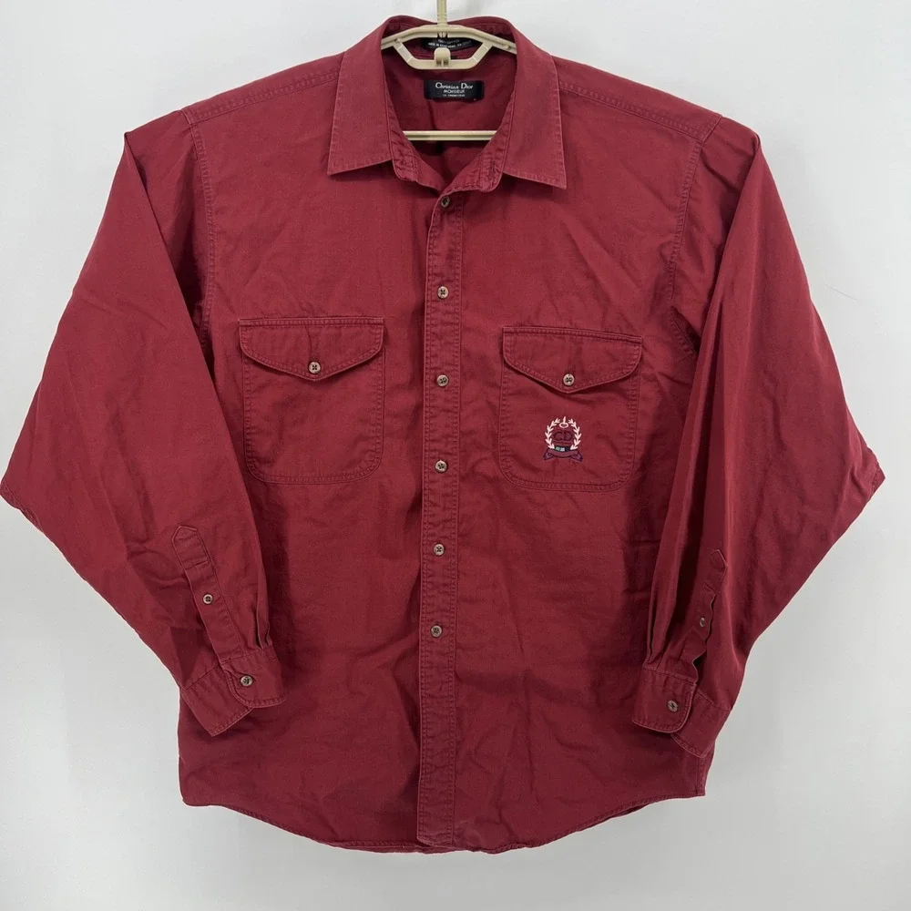 Christian Dior Monsieur Mens Large Burgundy Button-Up Long Sleeve Shirt